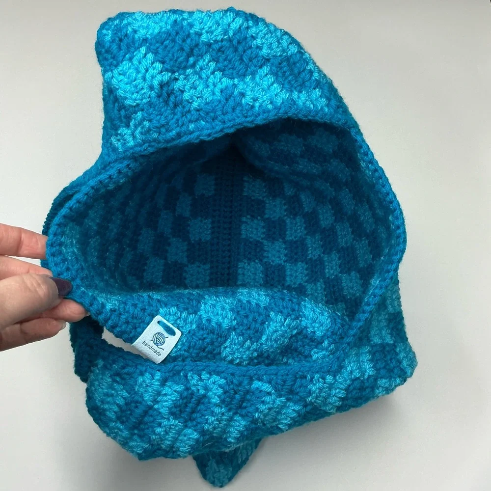 Handmade Sapphire & Cyan Blue Checker Checkerboard Crochet‎ Shoulder Tote Bag